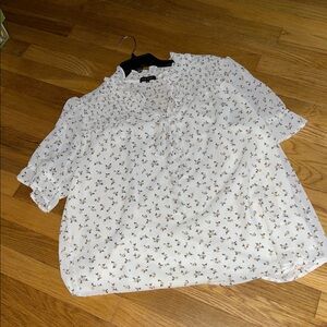 White Floral Blouse with Ruffle Neck